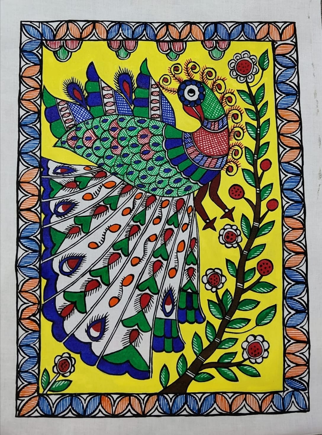 Peacock on a Branch – Madhubani Painting